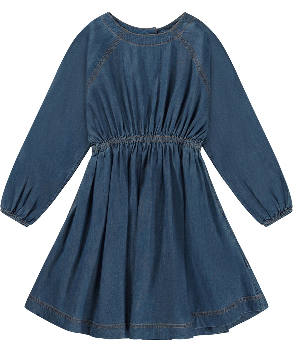 Cher - Washed Chambrey - Blauwe knielange biologische jurk in chambray