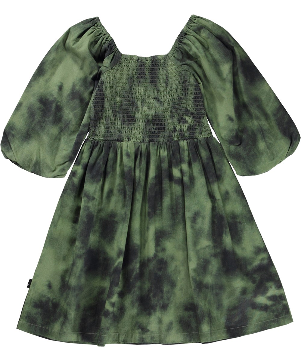 Cherisa - Moss Tie Dye - Groene midi jurk met smokwerk en een tie-dye print