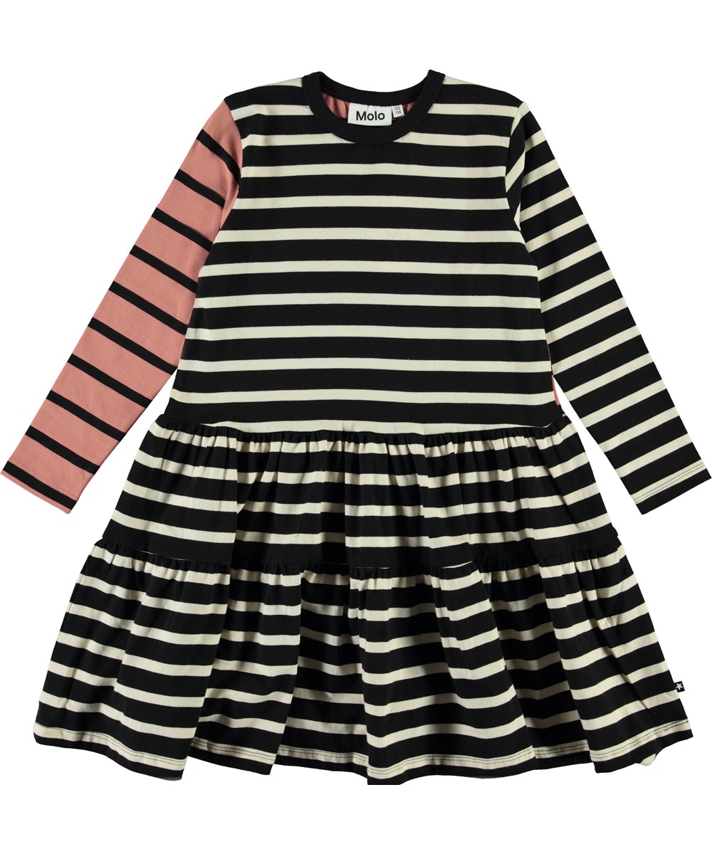 Chia - Black Stripe - Zwarte en wit gestreepte jurk met roze mouwen