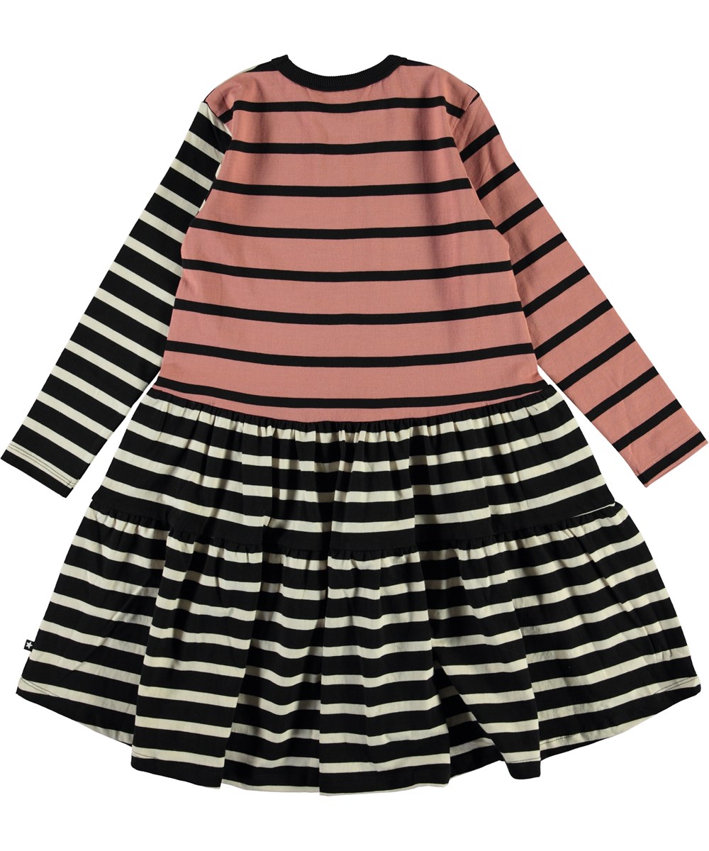 Chia - Black Stripe - Zwarte en wit gestreepte jurk met roze mouwen