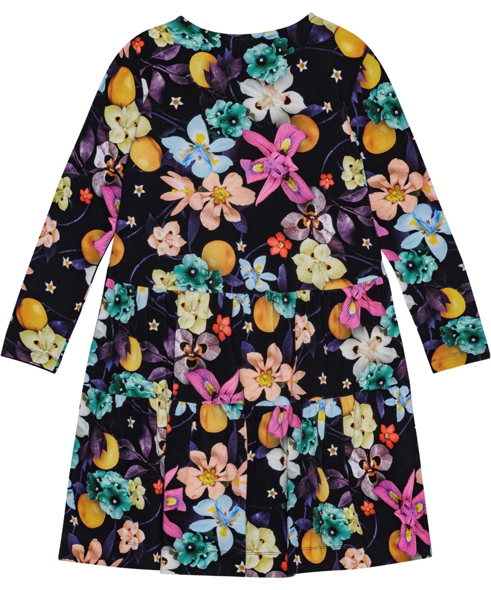 Chia - Garden Of Plenty - Ruimvallende zwarte jersey jurk van biologisch katoen met bloemenprint.
