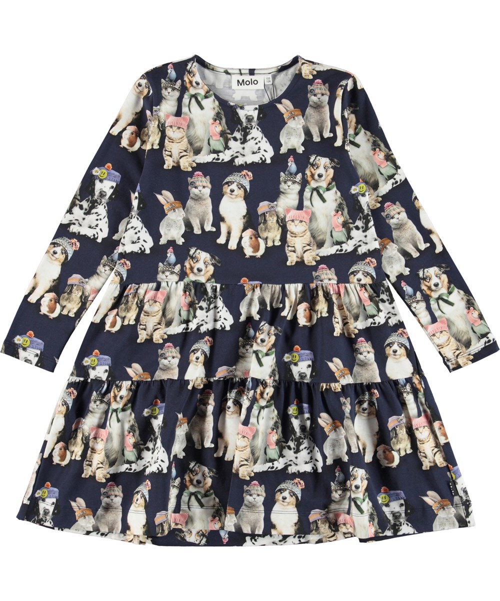 Chia - Snow Ready - Donkerblauwe biologische jurk met dierenprint