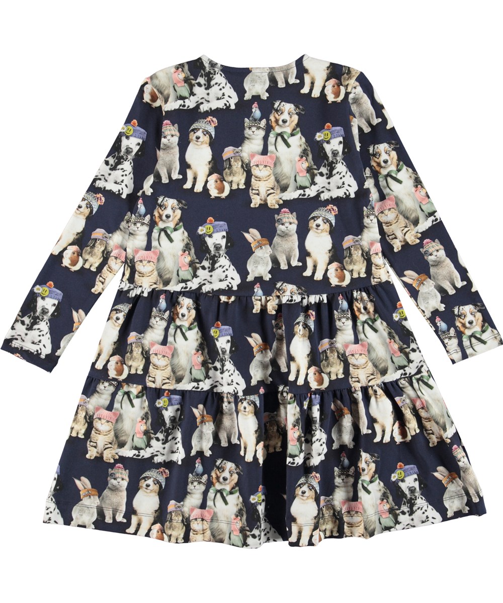 Chia - Snow Ready - Donkerblauwe biologische jurk met dierenprint