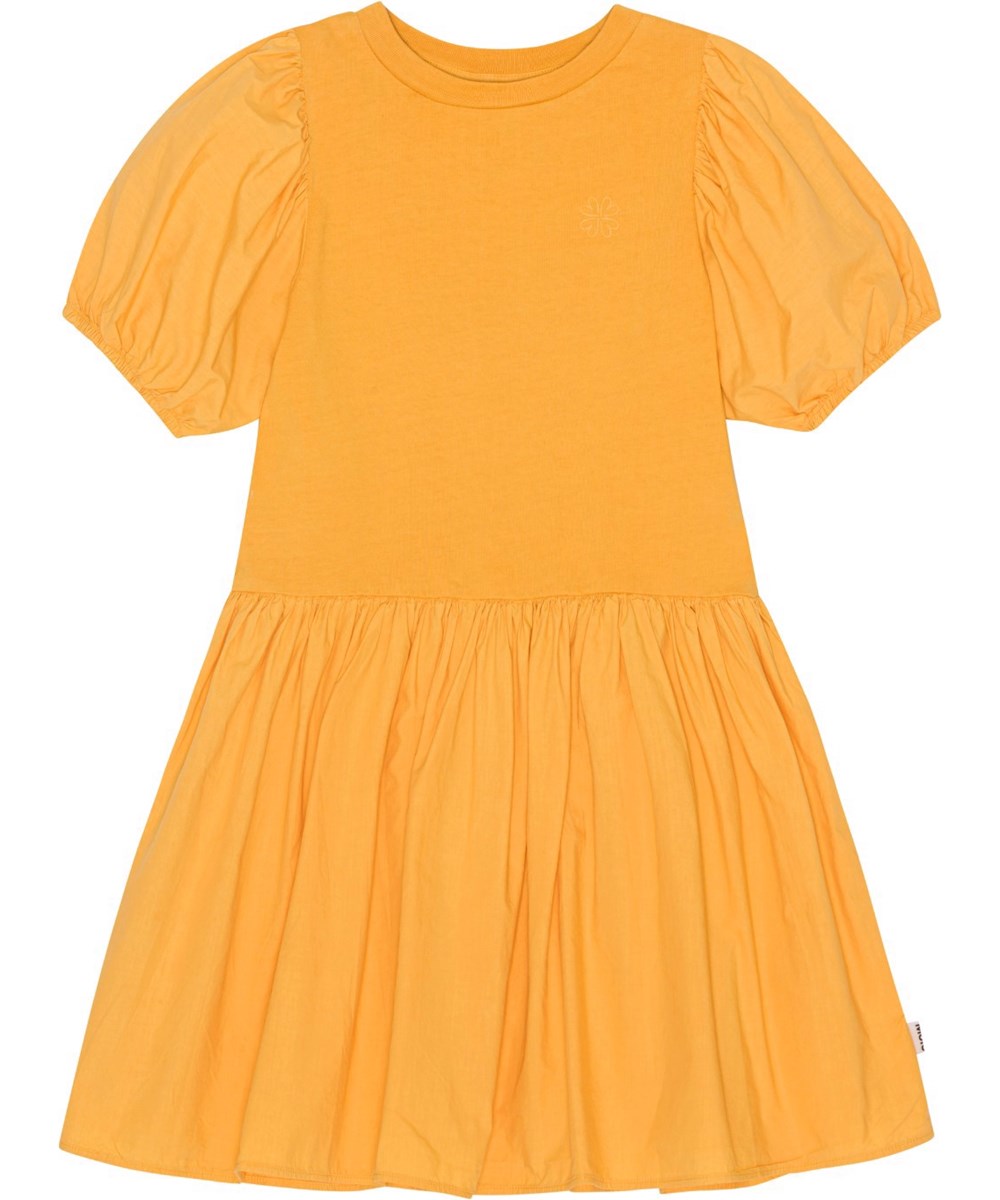 Chikako - Honey Gold - Oranje jurk van biologische katoen met pofmouwen