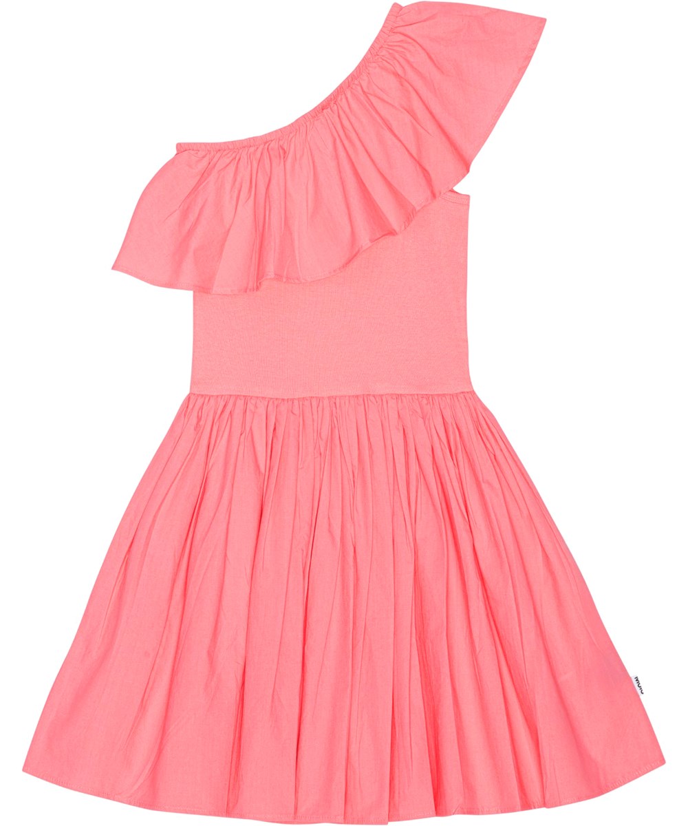 Chloey - Confetti - Koraalkleurige one shoulder jurk van biologisch katoen
