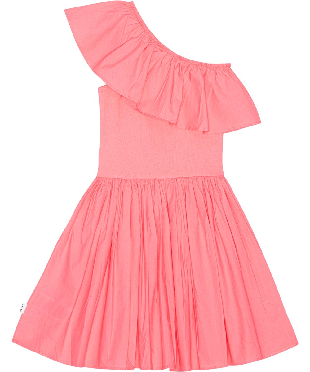 Chloey - Confetti - Koraalkleurige one shoulder jurk van biologisch katoen