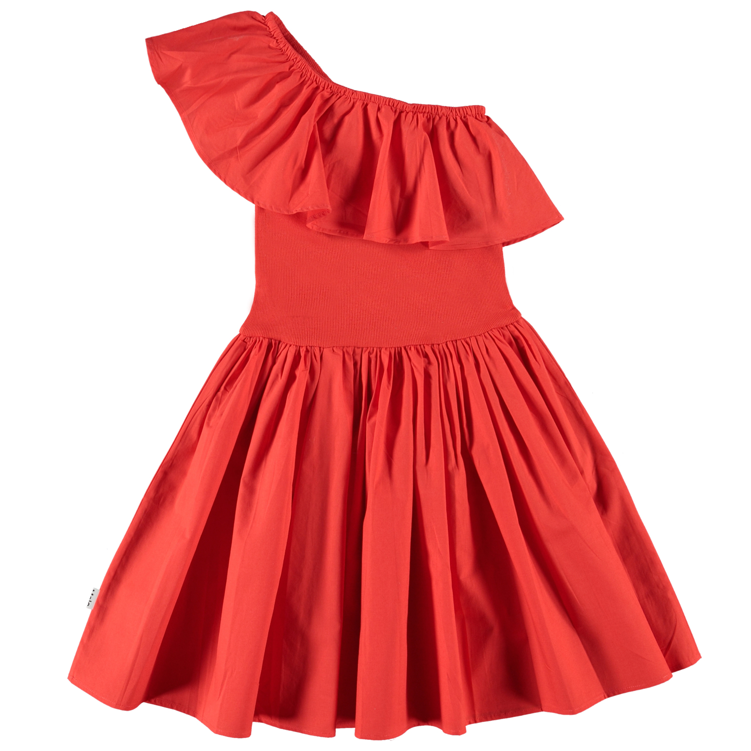Chloey - Apple Red - Rode biologische asymmetrische jurk met ronde rok ...