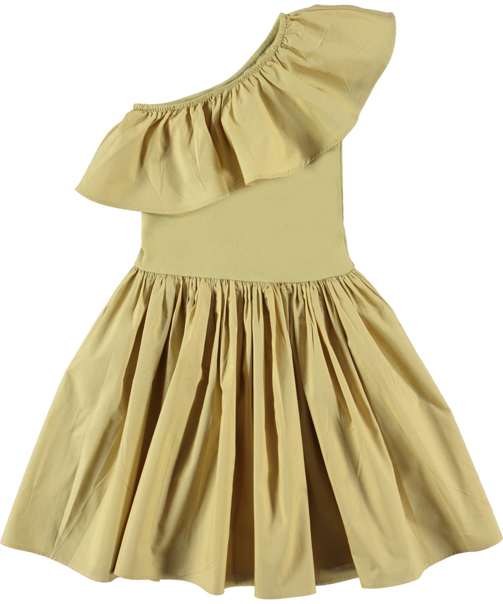 Chloey - Cardboard - Beige biologische asymmetrische jurk met ronde rok