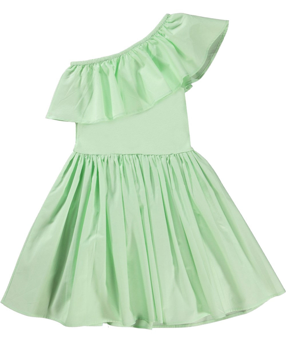 Chloey - Pale Pear - Lichtgroene biologische asymmetrische jurk met ronde rok