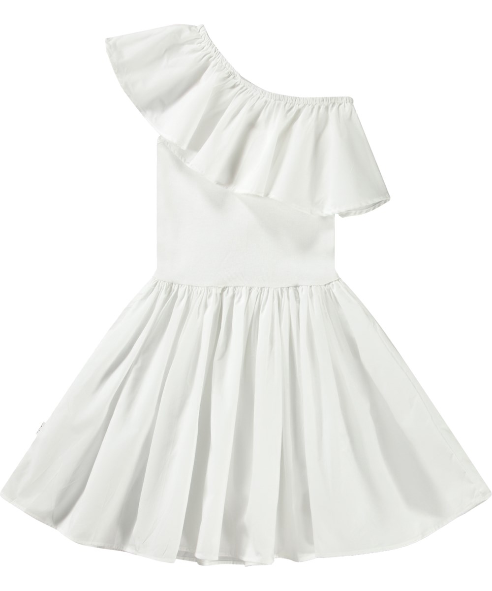 Chloey - Crisp White - Witte asymmetrische jurk van biologisch katoen met wijde poplin ruches.