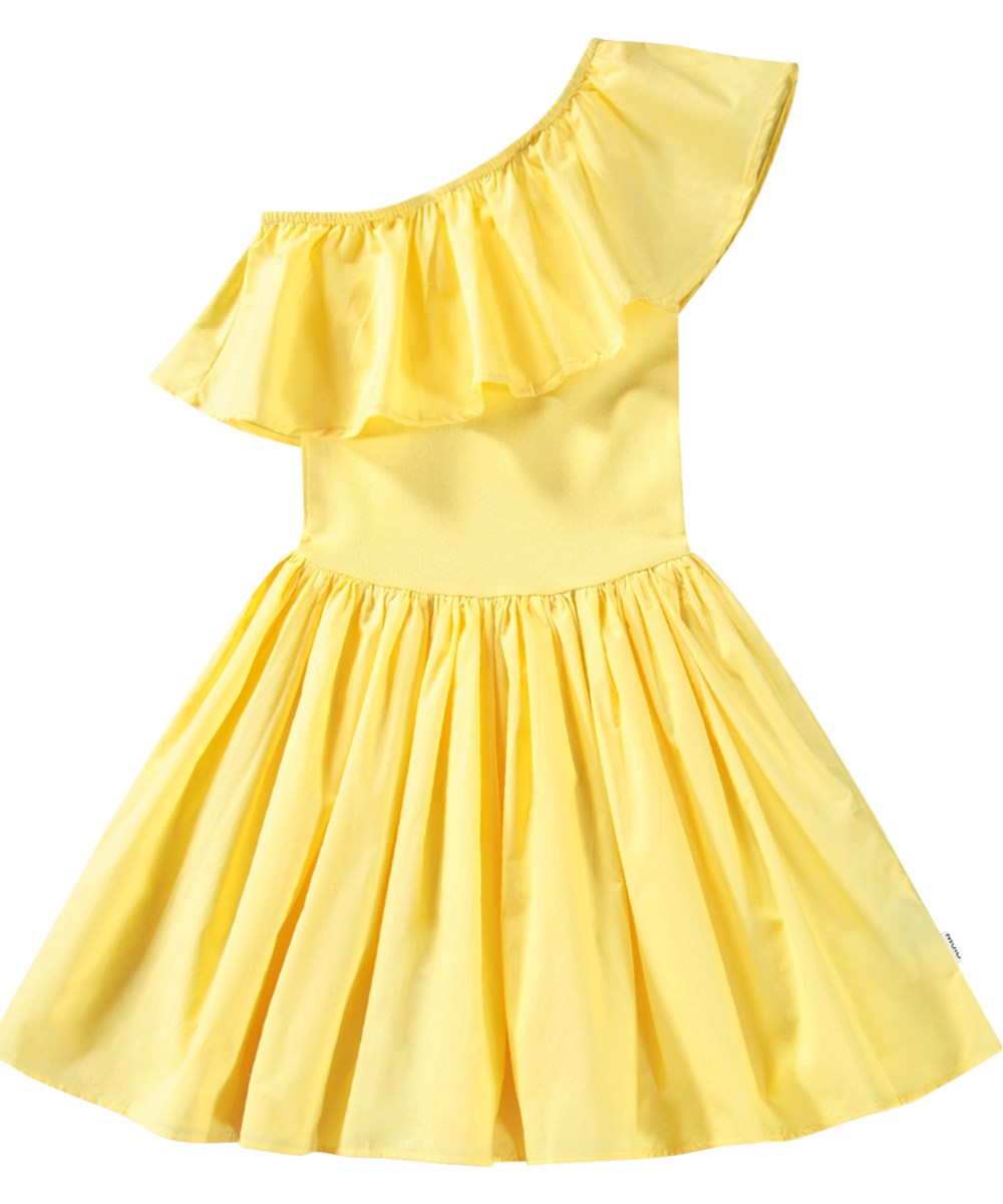 Chloey - Sunbright - Gele asymmetrische jurk van biologisch katoen met wijde poplin ruches.