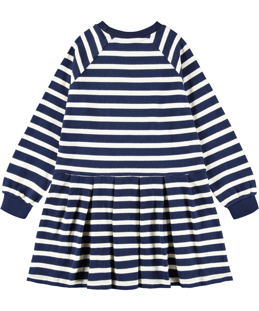 Christa - Blue Cream - Lange sweaterjurk voor kinderen gemaakt van biologisch katoen met lange mouwen en blauwe en witte strepen.