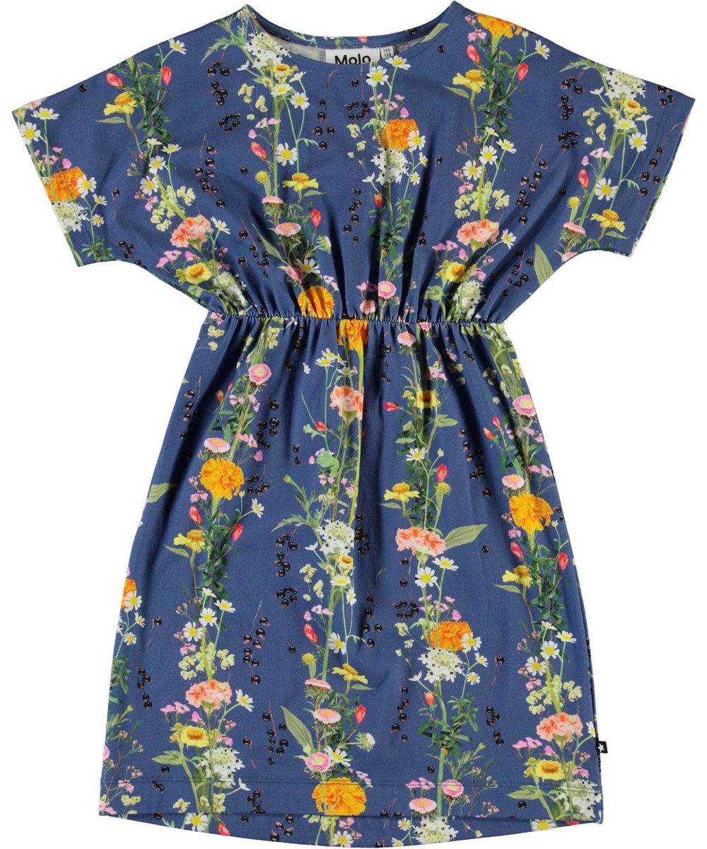 Christa - Vertical Flowers - Blauwe biologische bloemenprint