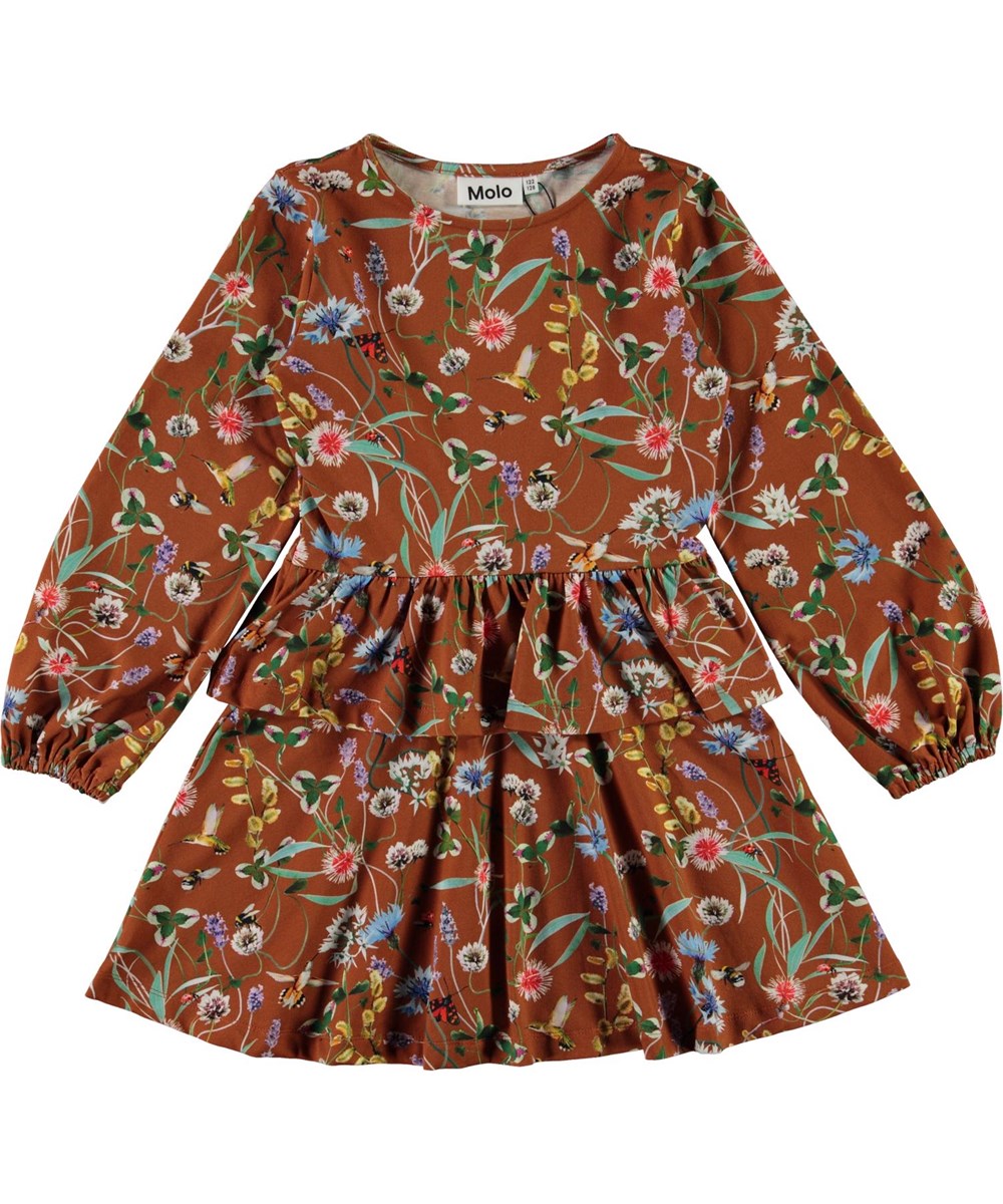 Christabelle - Wildflowers - Bruine biologische jurk met bloemen en rok