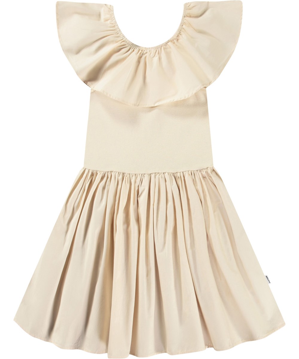 Christal - Brazilian Sand - Roze kinderjurk van biologisch katoen met een aansluitende jersey ribtop, ronde hals en een rok met volume van katoen poplin.