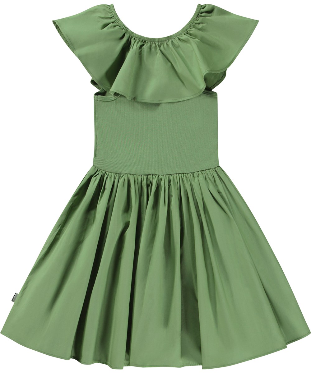 Christal - Moss Green - Groene biologische knielange jurk met poplin kraag en rok