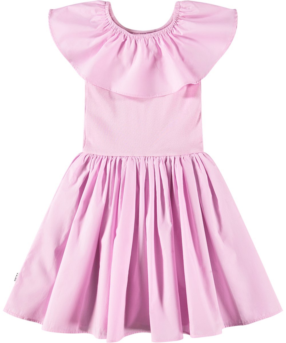 Christal - Pink Lavender - Roze biologisch katoenen knielange jurk met popeline kraag en rok.