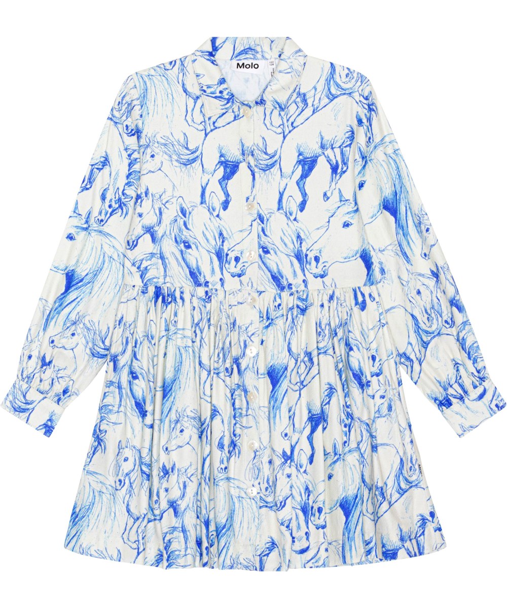 Christy - Blue Horses - Gebroken witte knielange jurk met blauwe paardenprint