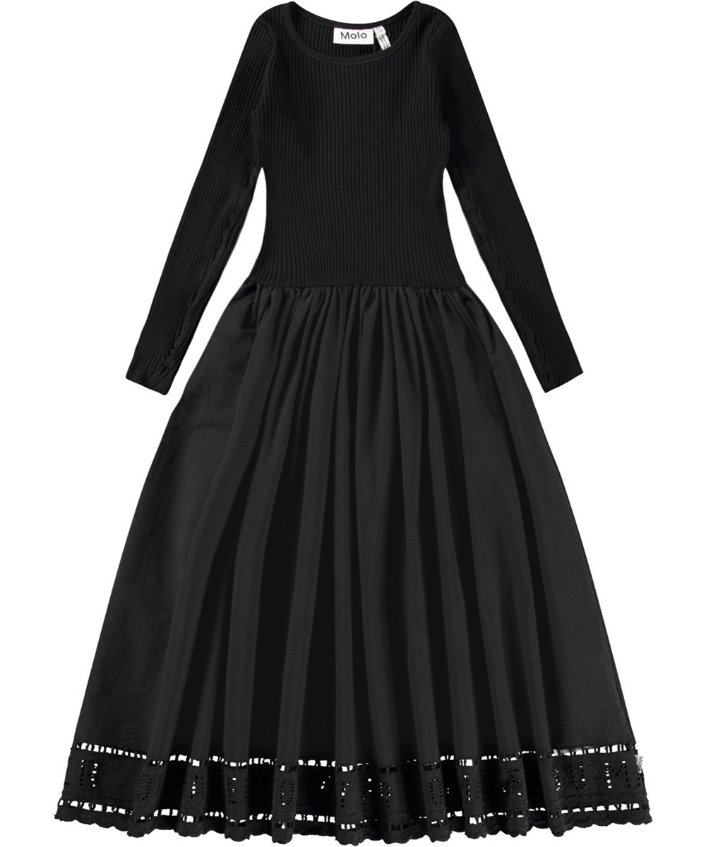 Cibelle - Black - Zwarte kinderjurk van biologisch katoen met lange mouwen, een aansluitende jerseyrib top, ronde hals en een volumineuze cirkelrok van poplin katoen.