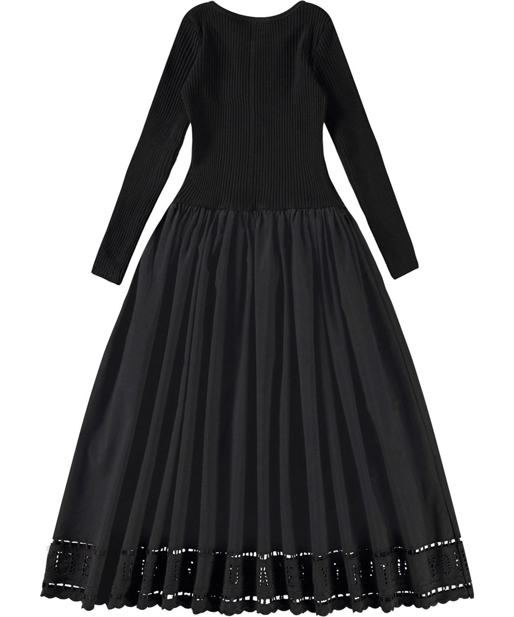 Cibelle - Black - Zwarte kinderjurk van biologisch katoen met lange mouwen, een aansluitende jerseyrib top, ronde hals en een volumineuze cirkelrok van poplin katoen.