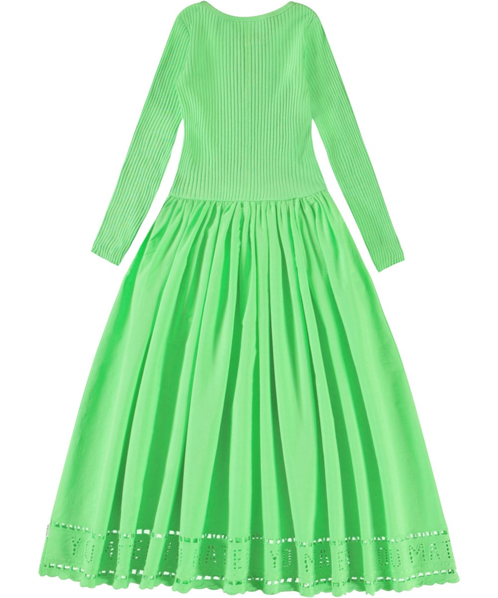 Cibelle - Green Vibes - Groene kinderjurk van biologisch katoen met lange mouwen, een aansluitende jerseyrib top, ronde hals en een volumineuze cirkelrok van poplin katoen.