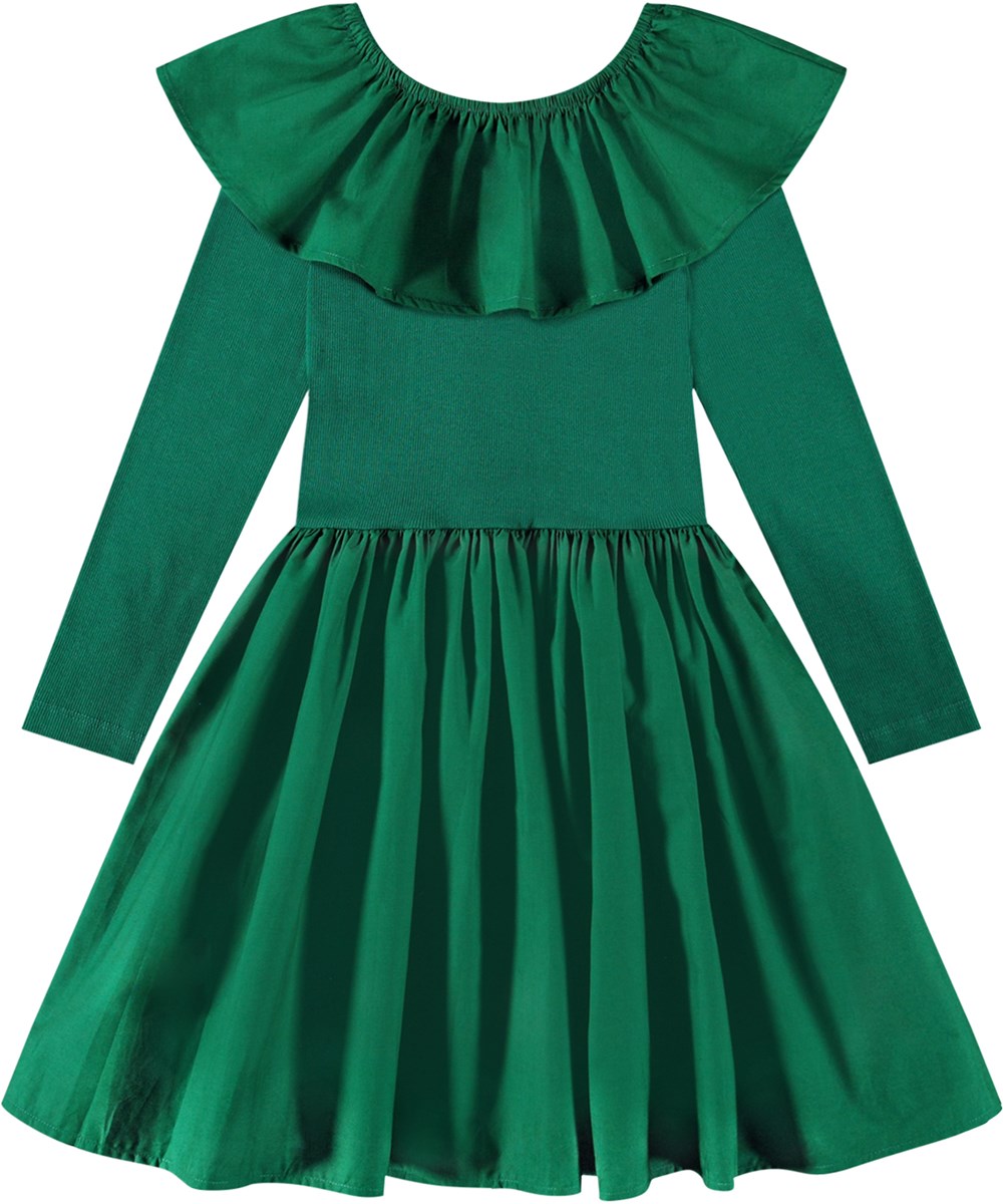 Cille - Aventurine - Groene knielange jurk van biologisch katoen met aansluitend jersey bovenstuk en volumineuze poplin rok.