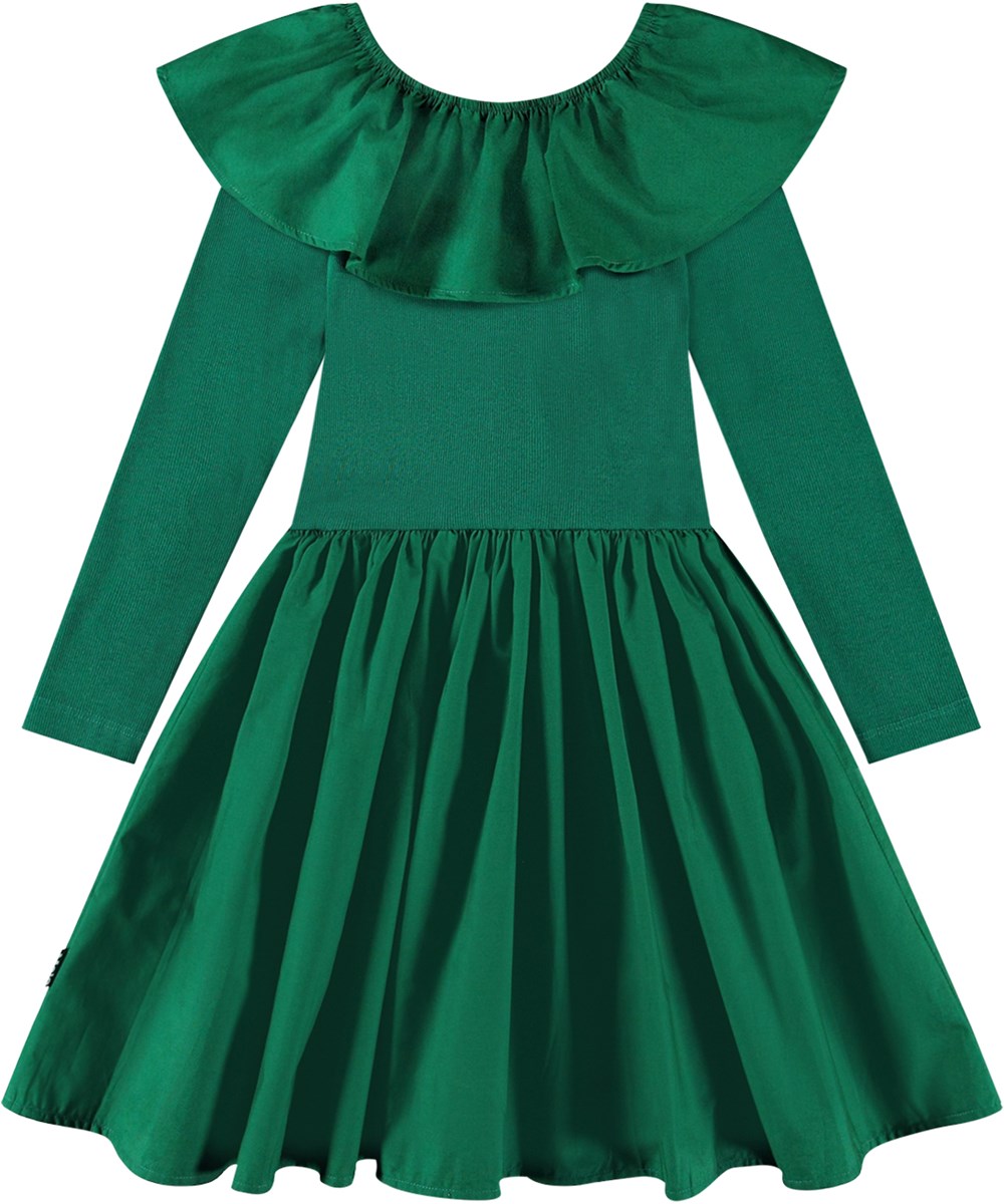 Cille - Aventurine - Groene knielange jurk van biologisch katoen met aansluitend jersey bovenstuk en volumineuze poplin rok.