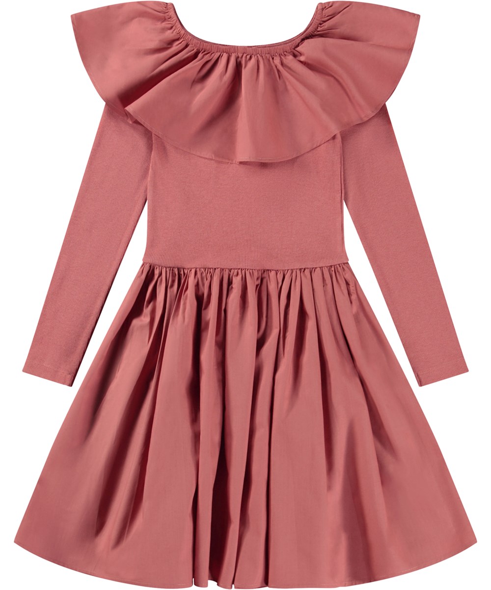 Cille - Forest Rose - Oudroze biologische knielange jurk met poplin kraag en rok