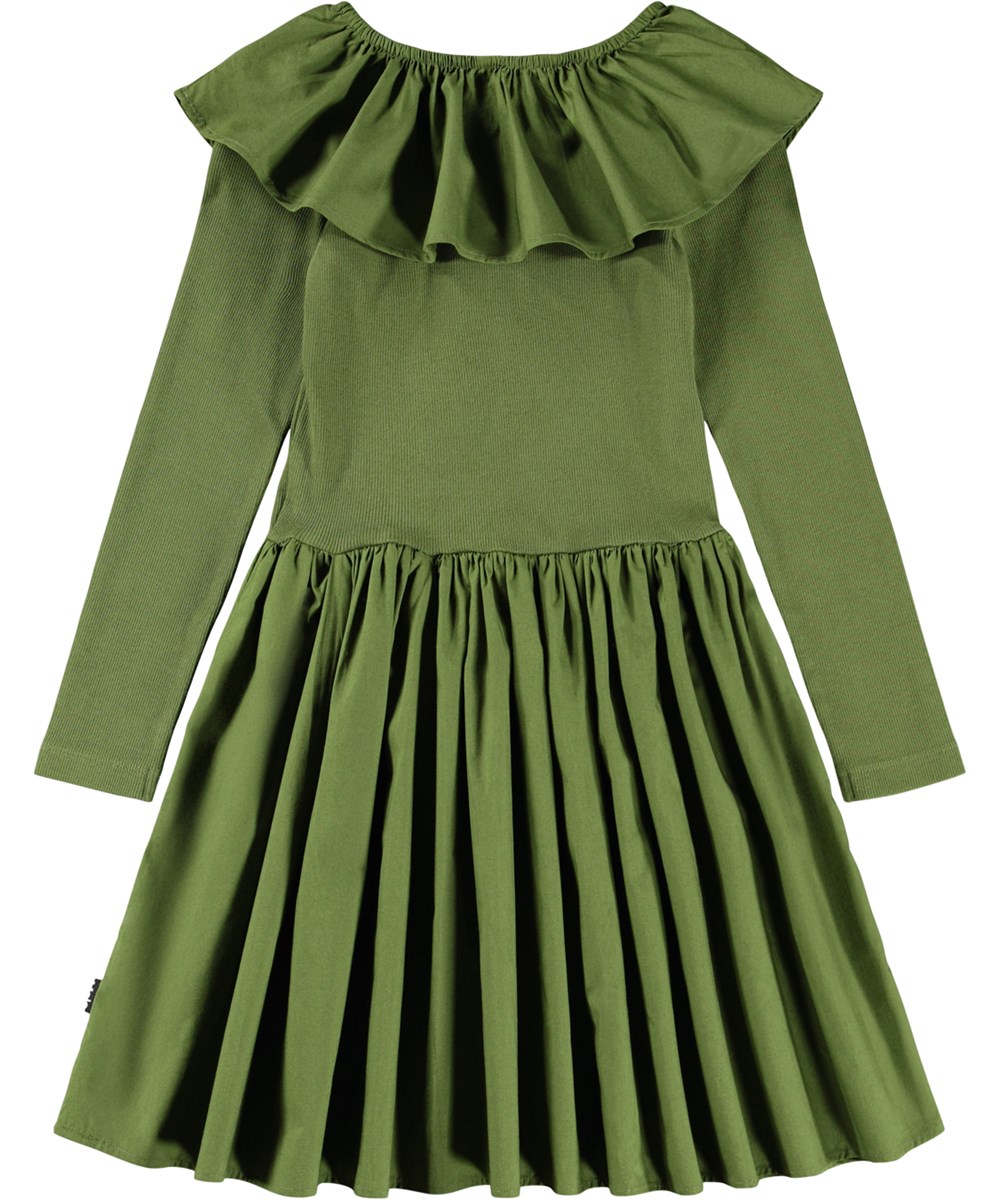 Cille - Evergreen - Groene knielange kinderjurk gemaakt van biologisch katoen met een aansluitende jersey top, een volumineuze rok van katoenen popeline en een grote popeline kraag.