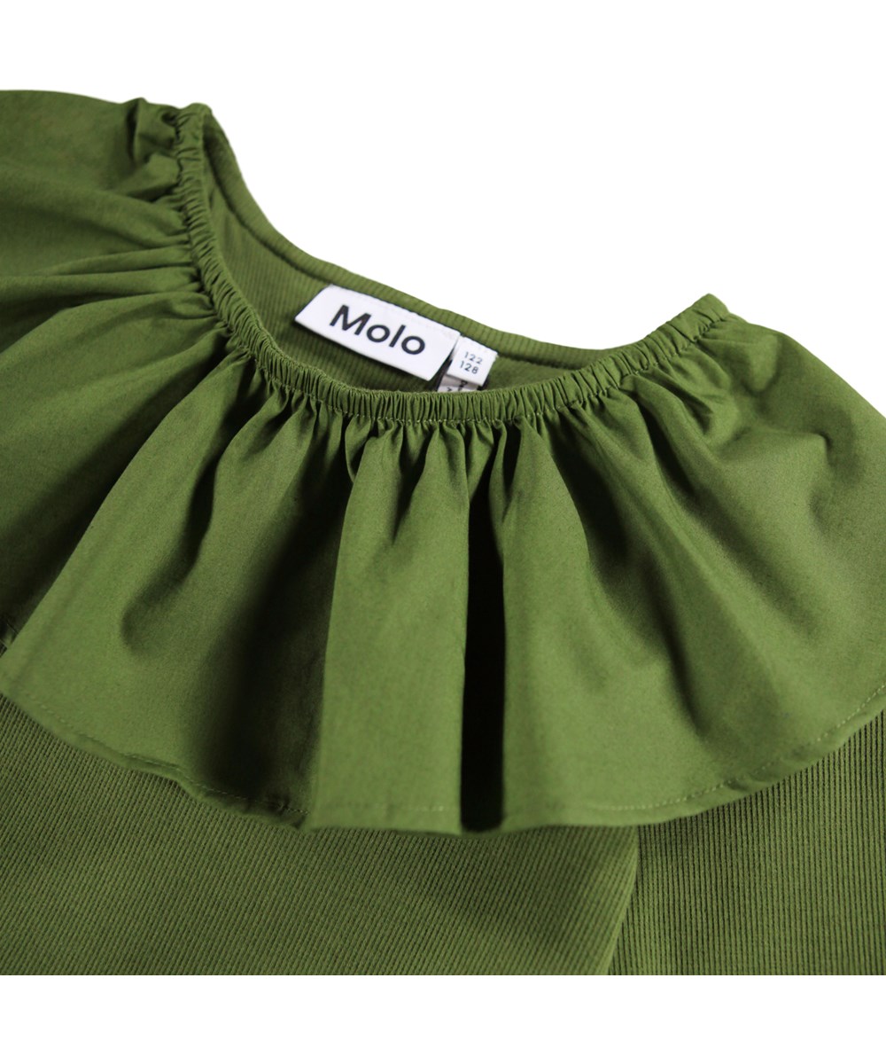 Cille - Evergreen - Groene knielange kinderjurk gemaakt van biologisch katoen met een aansluitende jersey top, een volumineuze rok van katoenen popeline en een grote popeline kraag.