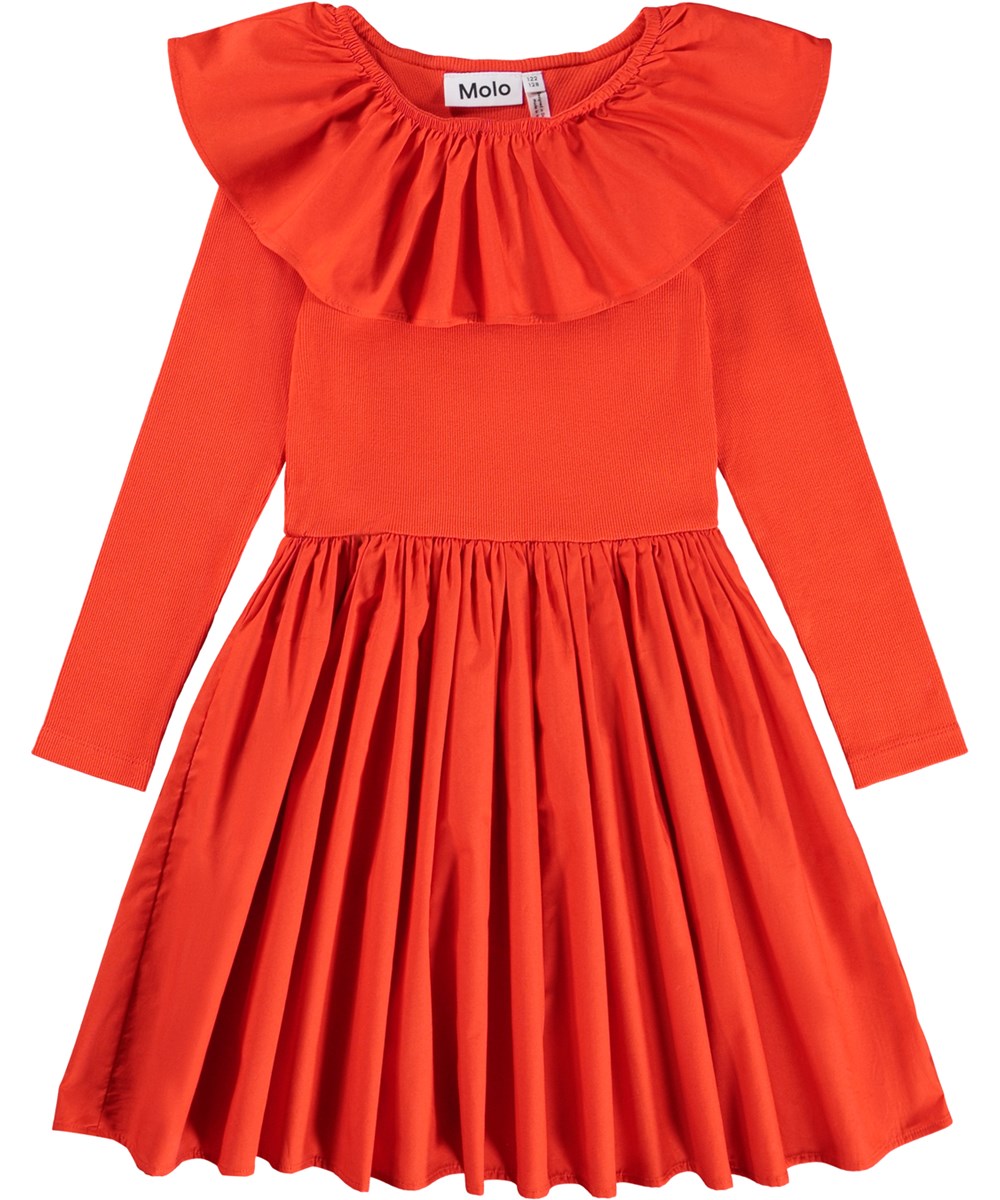 Cille - Rising Sun - Rode knielange kinderjurk gemaakt van biologisch katoen met een aansluitende jersey top, een volumineuze rok van katoenen popeline en een grote popeline kraag.