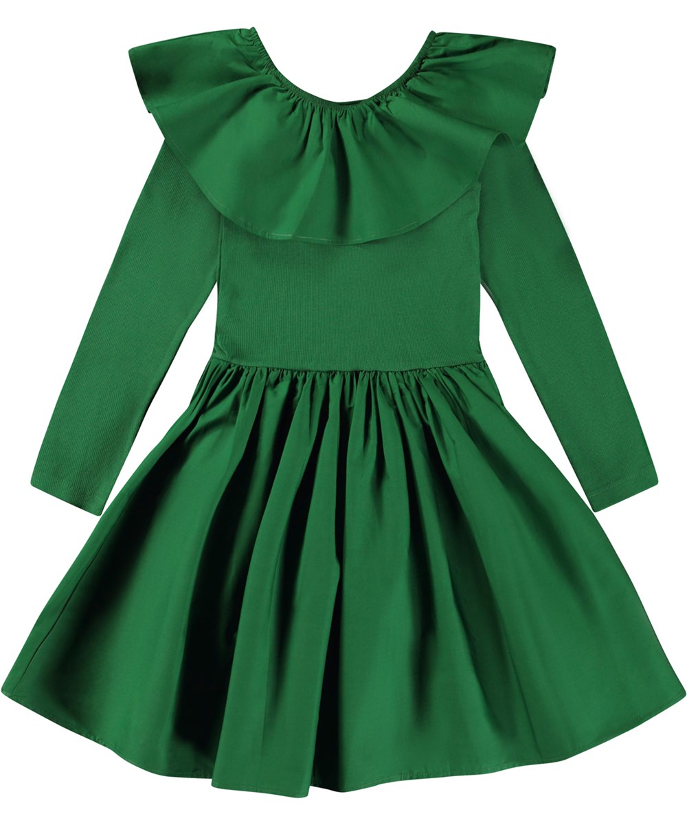 Cille - Woodland Green - Groene biologische knielange jurk met poplin kraag en rok