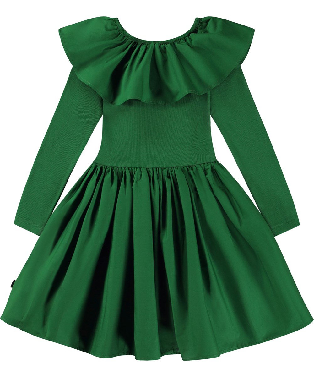 Cille - Woodland Green - Groene biologische knielange jurk met poplin kraag en rok