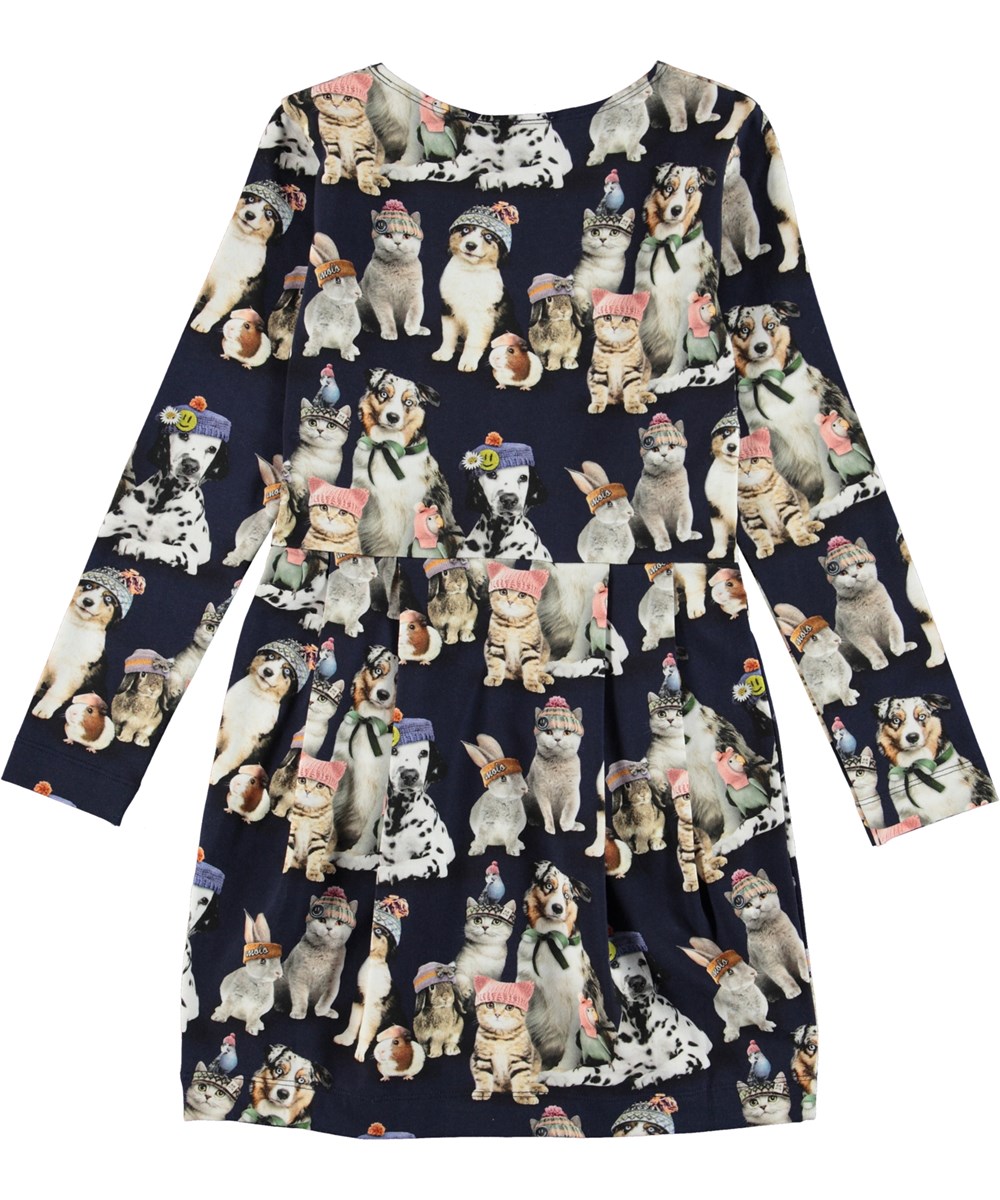 Cindarell - Snow Ready - Blauwe biologische jurk met een print van dieren met mutsen