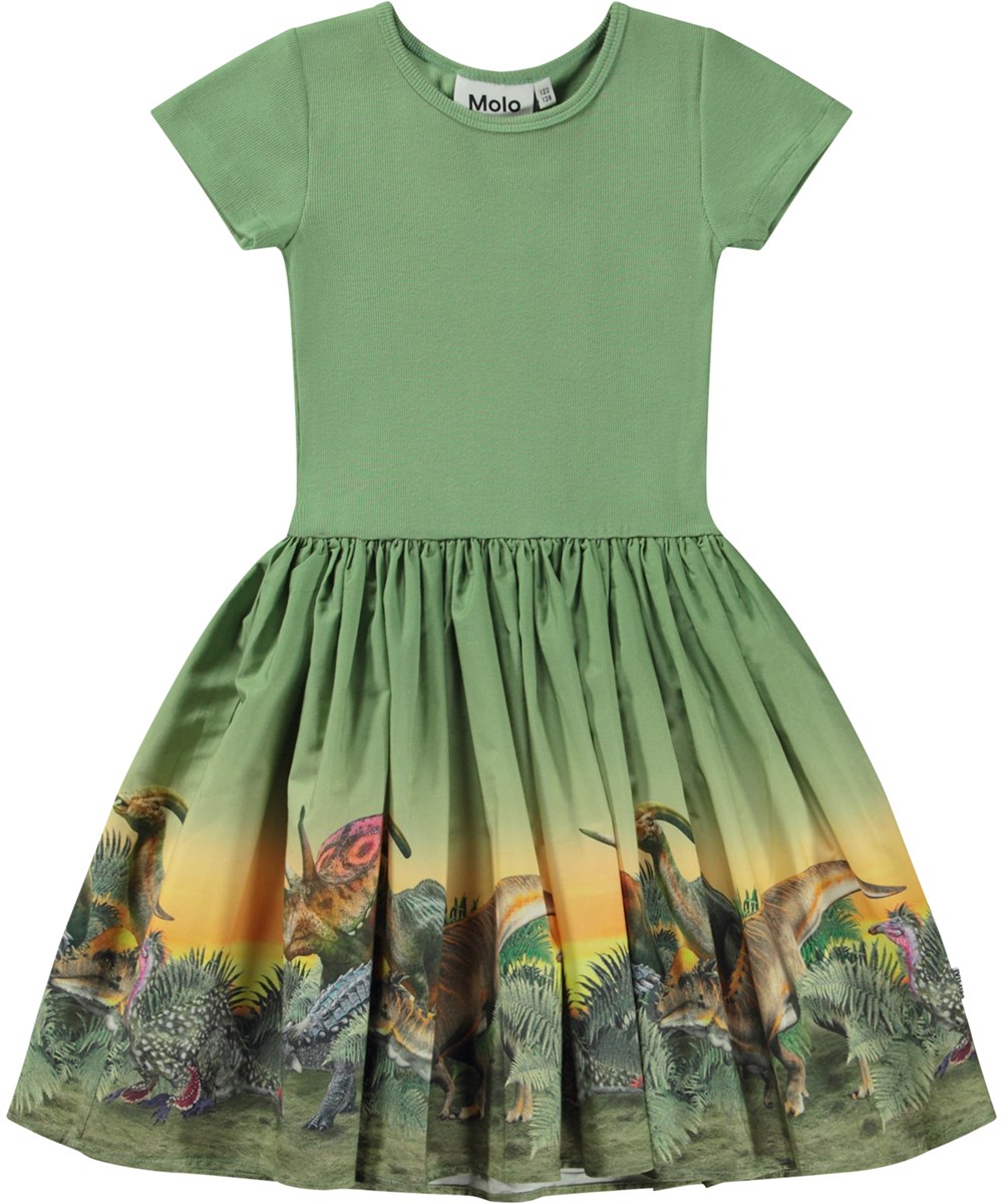 Cissa - Dino Stroll - Groene biologische knielange jurk met poplin rok in dinosaurus print
