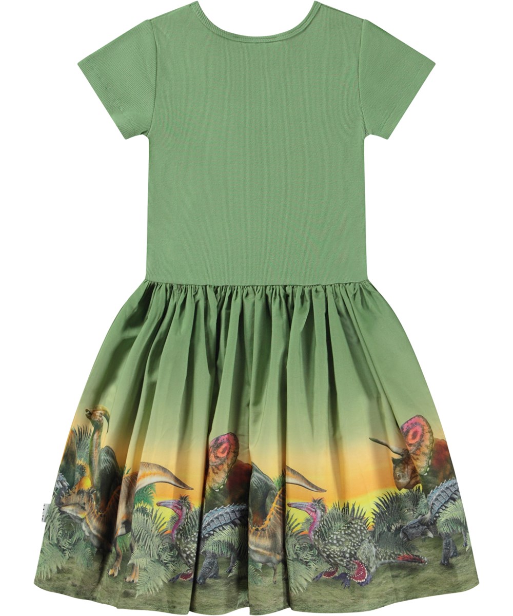 Cissa - Dino Stroll - Groene biologische knielange jurk met poplin rok in dinosaurus print