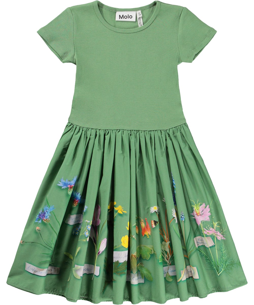 Cissa - Flora Collector - Perzikkleurige kinderjurk met een paardenprint gemaakt van biologisch katoen 