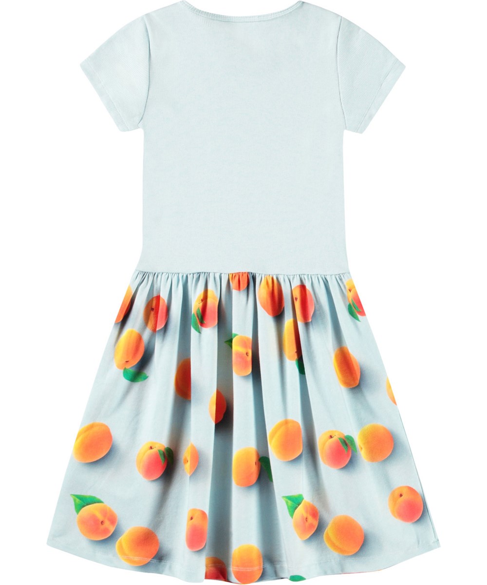 Cissa - Fresh Apricots - Lichtblauwe kinderjurk van biologisch katoen met korte mouwen en aansluitende top van ribjersey en een gladde jersey rok.