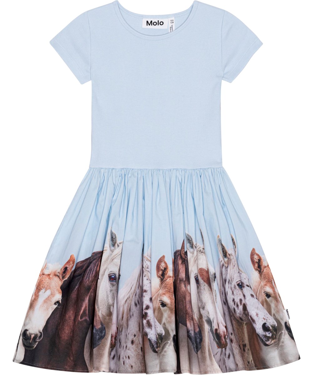 Cissa - Group Of Hearts - Blauwe jurk van biologisch katoen met paardenprint