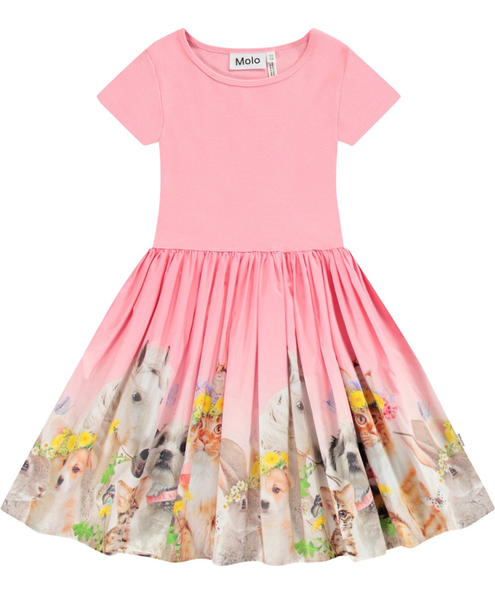 Cissa - Midsummer - Roze kinderjurk van biologisch katoen met korte mouwen en aansluitende top van ribjersey en poplin rok.