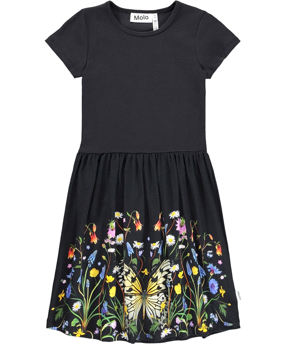 Cissa - Nouveau Butterfly - Zwarte kinderjurk met een bloemenprint gemaakt van biologisch katoen 