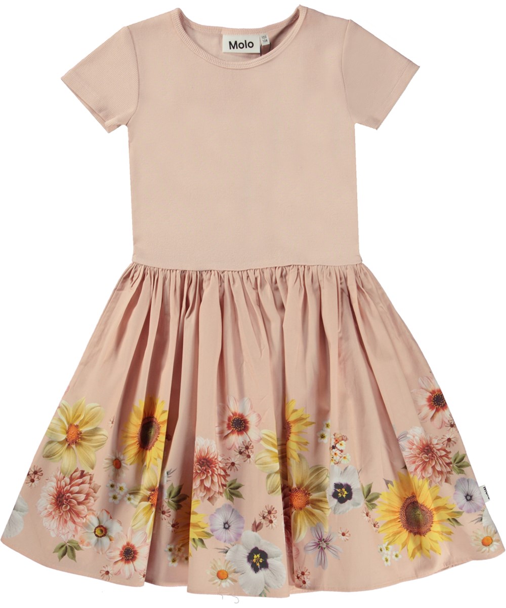 Cissa - Retro Stripe Big - Roze biologische knielange jurk met poplin rok in bloemenprint