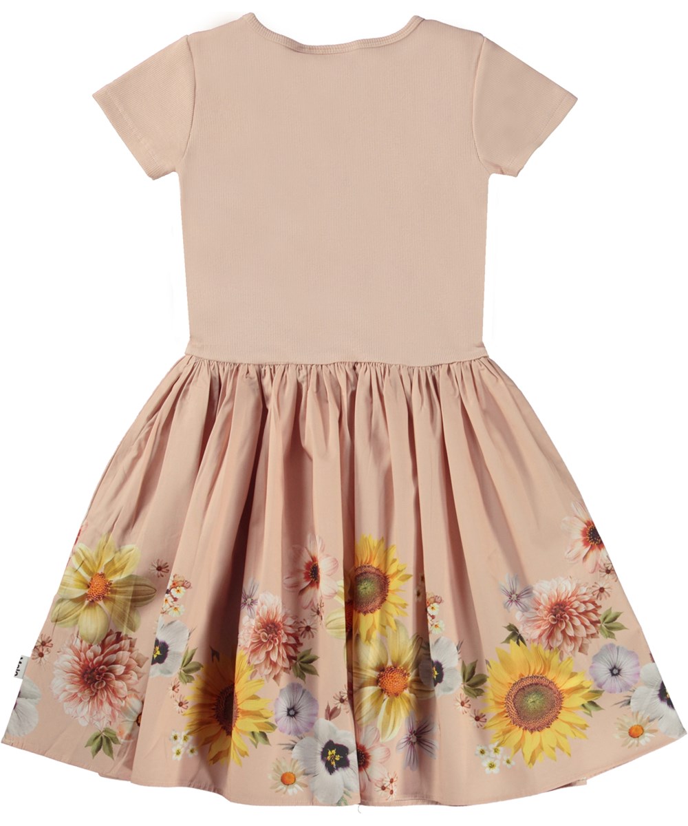 Cissa - Retro Stripe Big - Roze biologische knielange jurk met poplin rok in bloemenprint