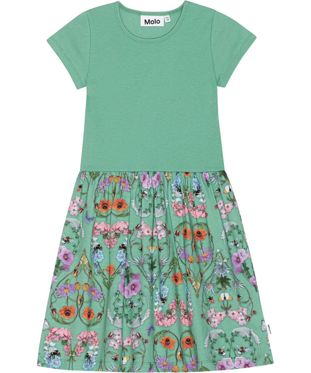 Cissa - With Love - Groene jurk van biologisch katoen met korte mouwen, cirkelrok en bloemenprint