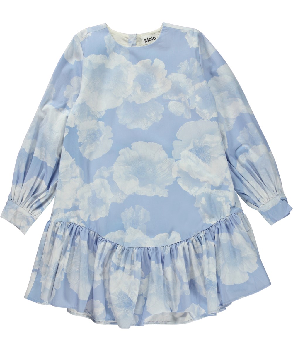 Cixi - Cloudy Poppies - Lichtblauwe biologische jurk met lange mouwen en luchtprint