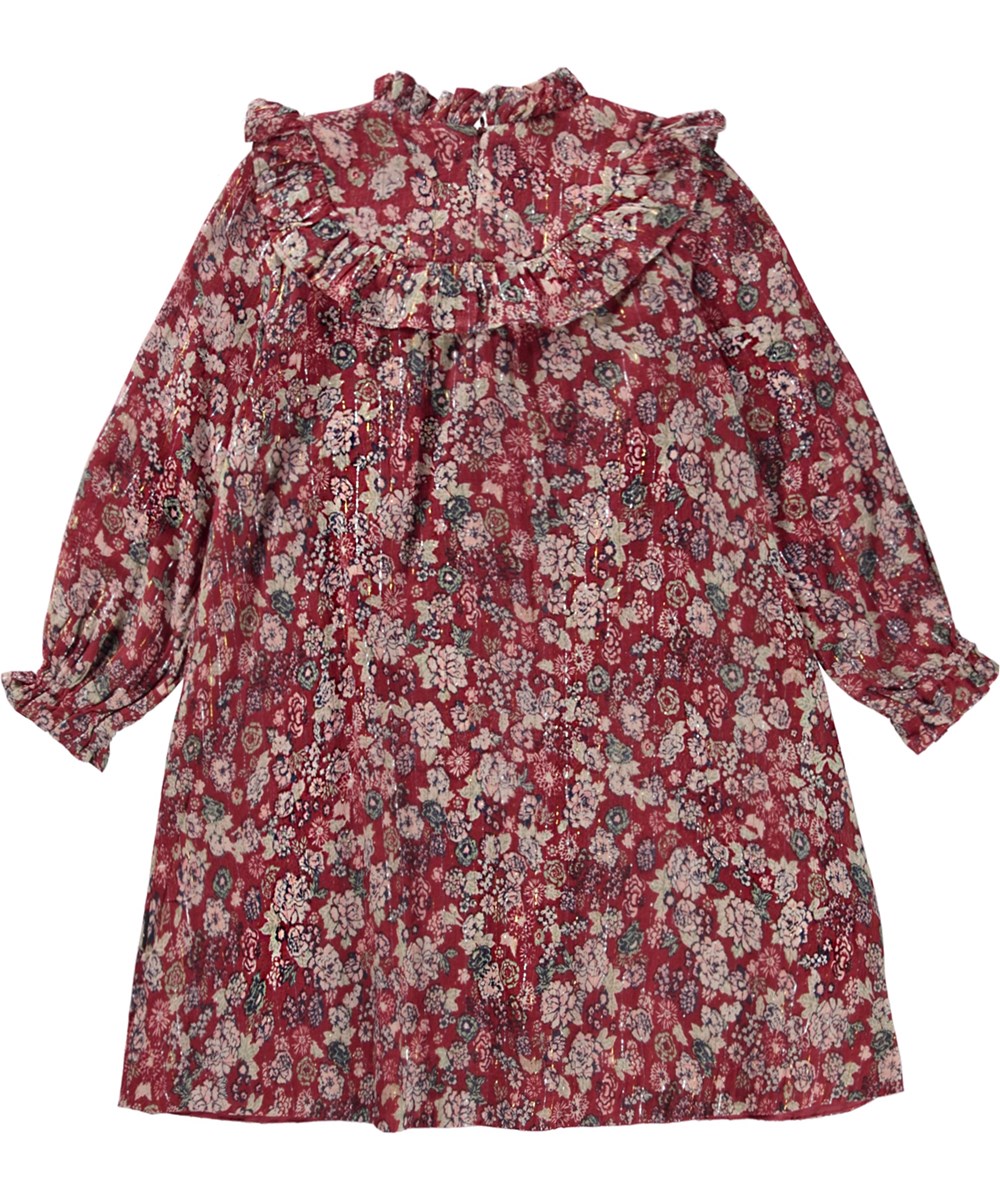 Clair - Velvet Bloom - Donkerrode jurk met hoge kraag en bloemenprint