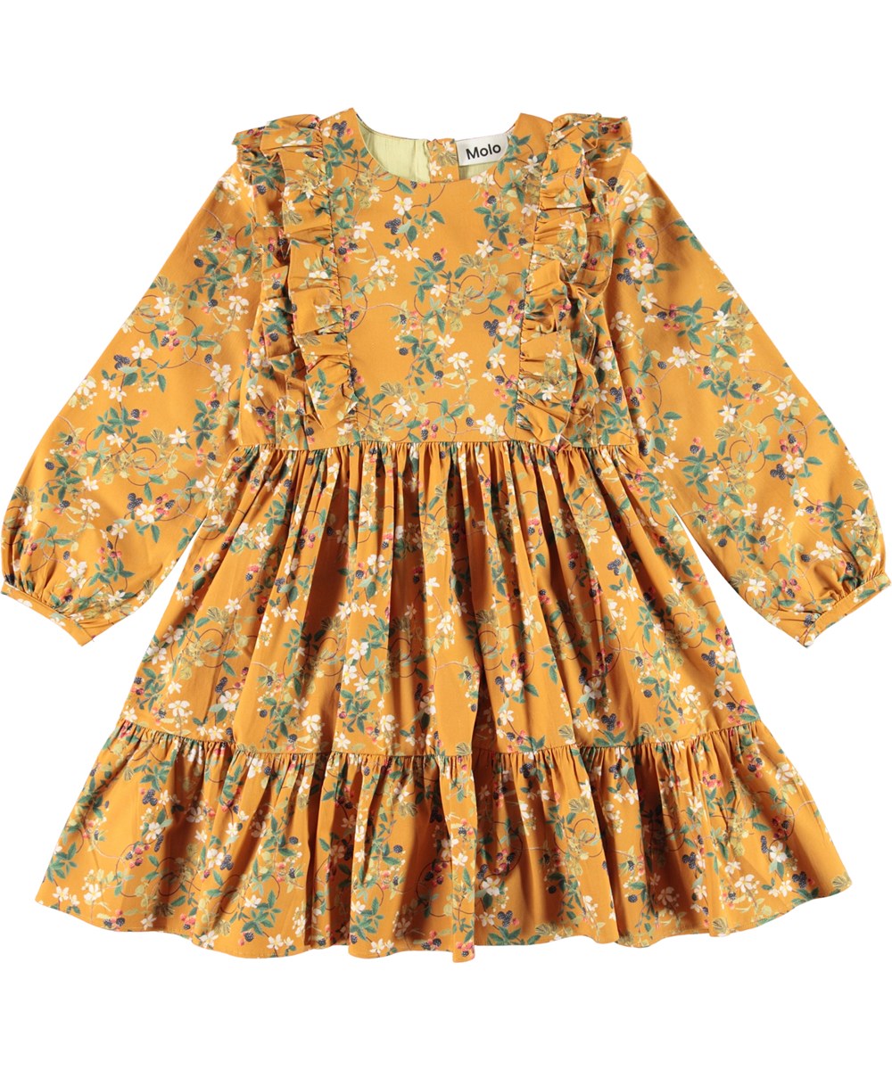 Clea - Bramble Gold - Gouden biologische jurk met bramen print