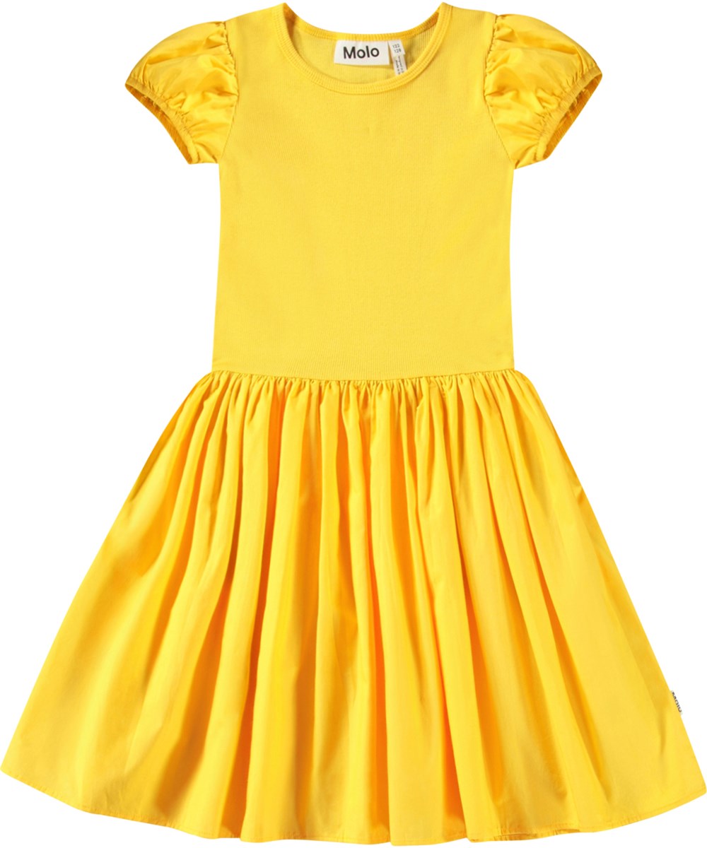 Cleopatra - Mimosa - Gele kinderjurk van biologisch katoen met korte mouwen en een aansluitende jersytop met een katoen volumineuze poplin rok.