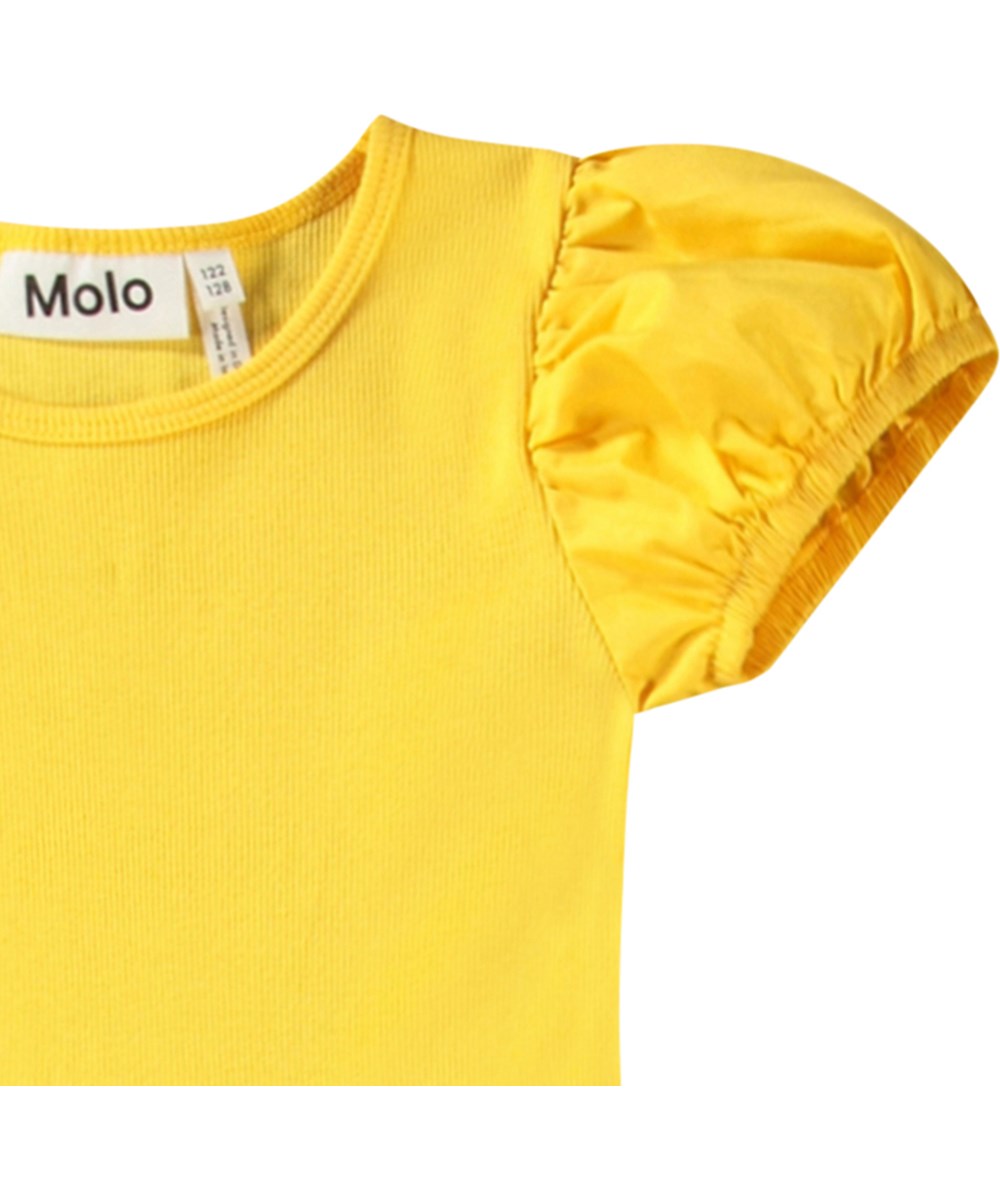 Cleopatra - Mimosa - Gele kinderjurk van biologisch katoen met korte mouwen en een aansluitende jersytop met een katoen volumineuze poplin rok.