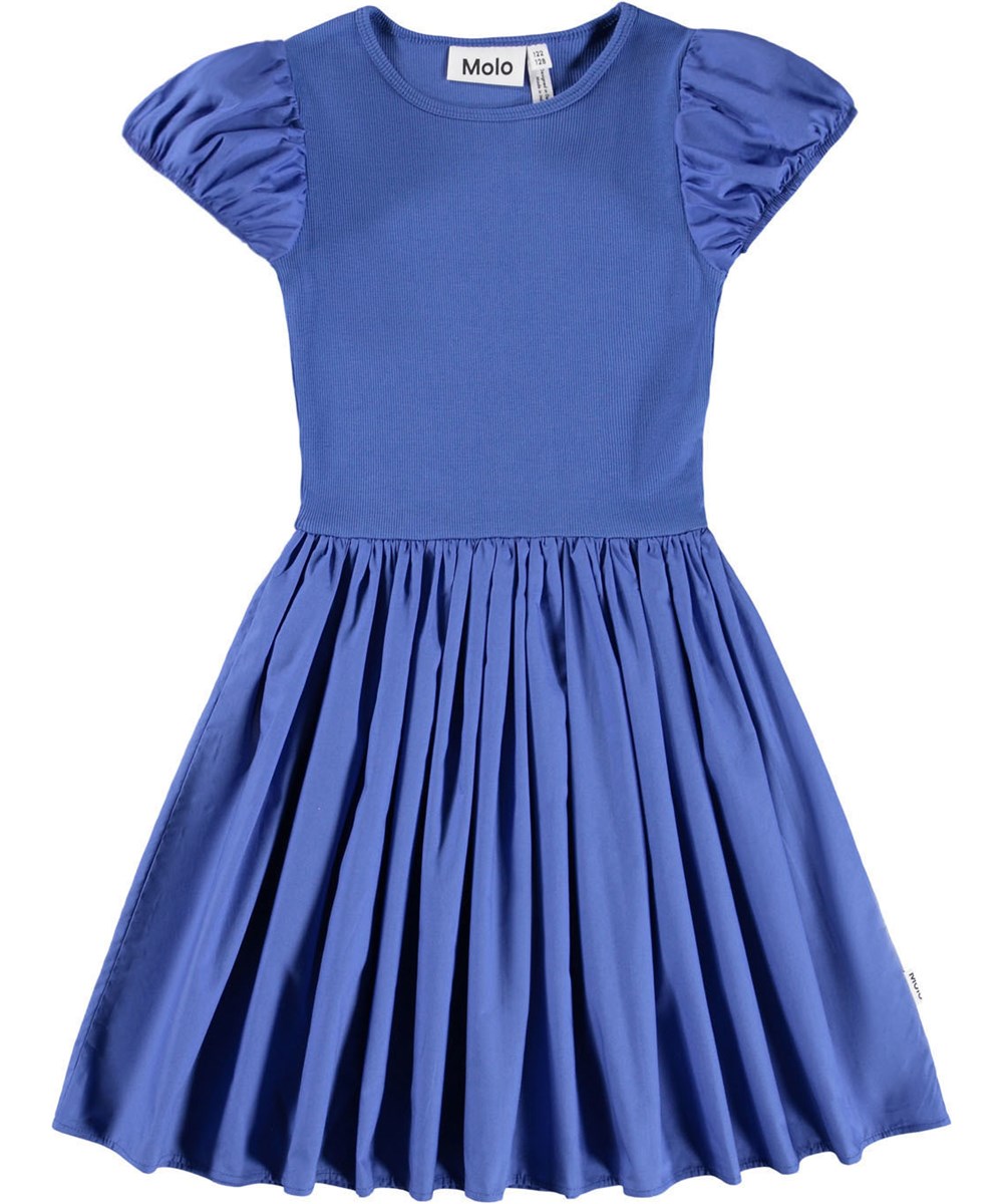 Cleopatra - Violet Blue - Blauwe kinderjurk met korte mouwen gemaakt van biologisch katoen met een aansluitende jersey top en een volumineuze rok in katoenen popeline.